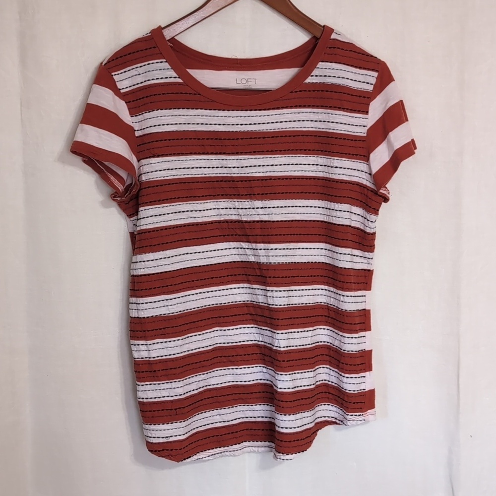 Loft Orange White Striped Scoop Neck Short Sleeve Blouse Size Medium